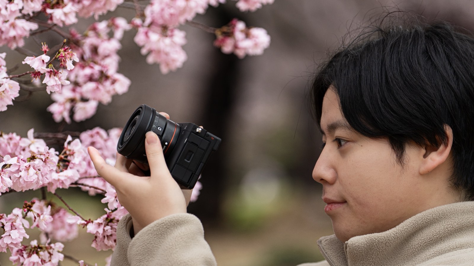 カメラを構えて桜を撮影する福海道登